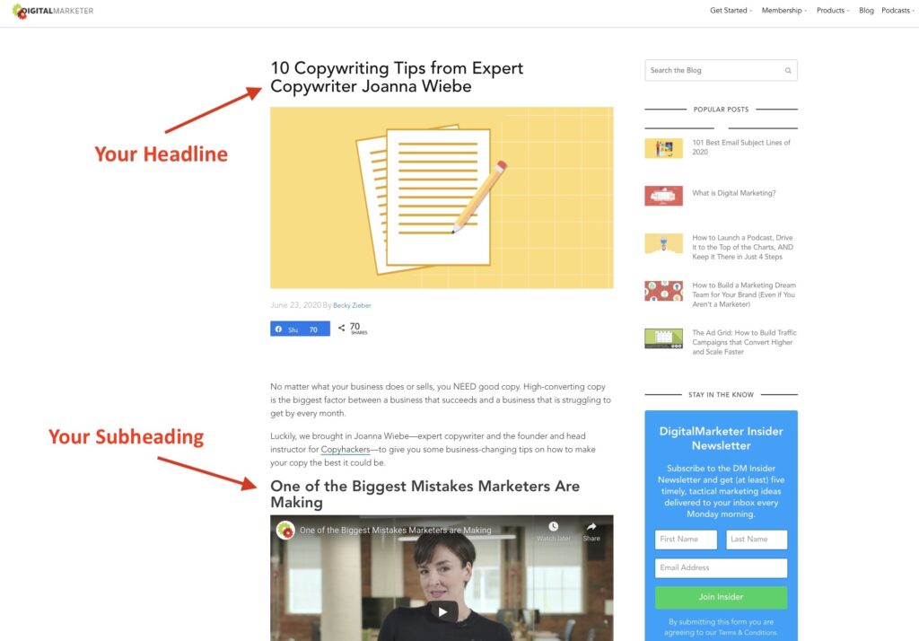 headline and subheading in blog content