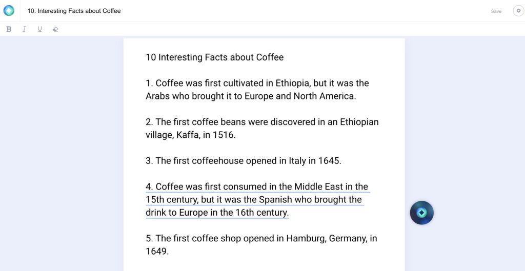 ai assisted writing tool pulling facts about coffee