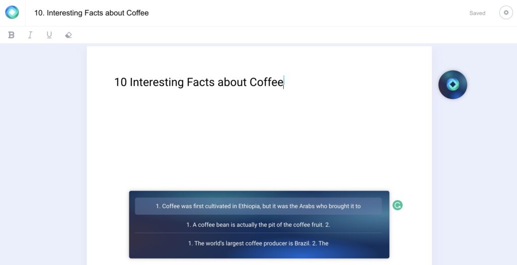ai assisted writing tool providing facts to use in a piece about coffee