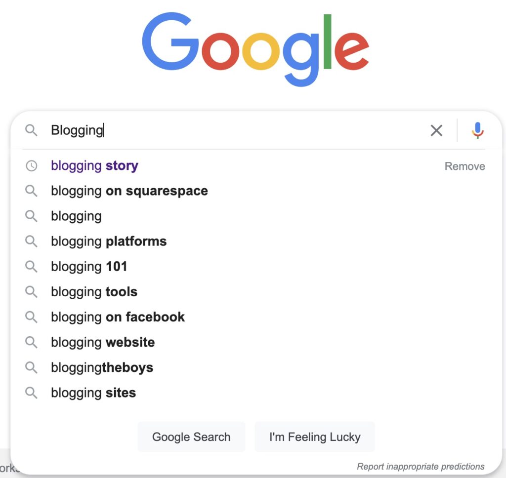 google search results for blogging