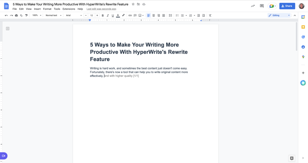 HyperWrite provides AI suggestions to help you write faster in Google Docs.